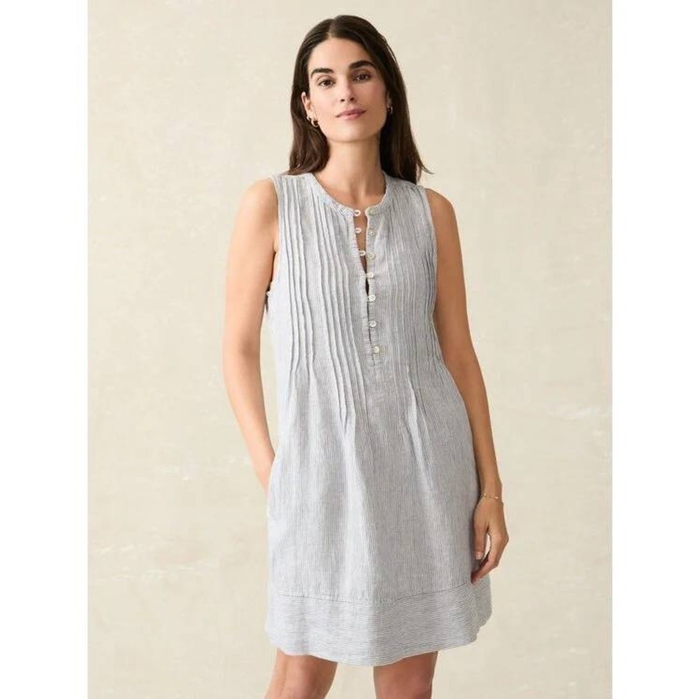 Faherty Isha Stripe Linen Button Neck Shirt‎ Dress Pockets Size S